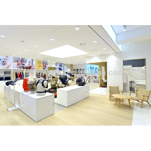 Luxurious interior display plans for brand kid store bassinet wooden display platform